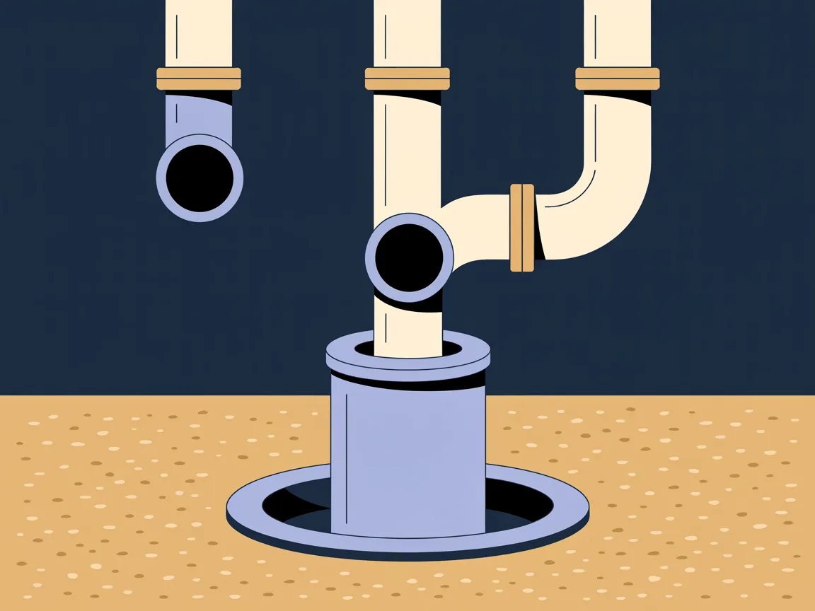 Cutaway of a house drain system: a kitchen sink, a bathtub and a toilet each dropping into one shared main sewer pipe that runs out to a capped cleanout in the yard