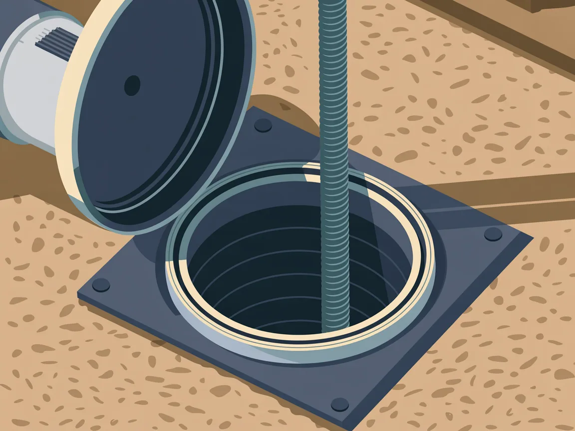 An open exterior sewer cleanout in a gravel yard with a drain cable machine standing beside it and the cable feeding down into the pipe