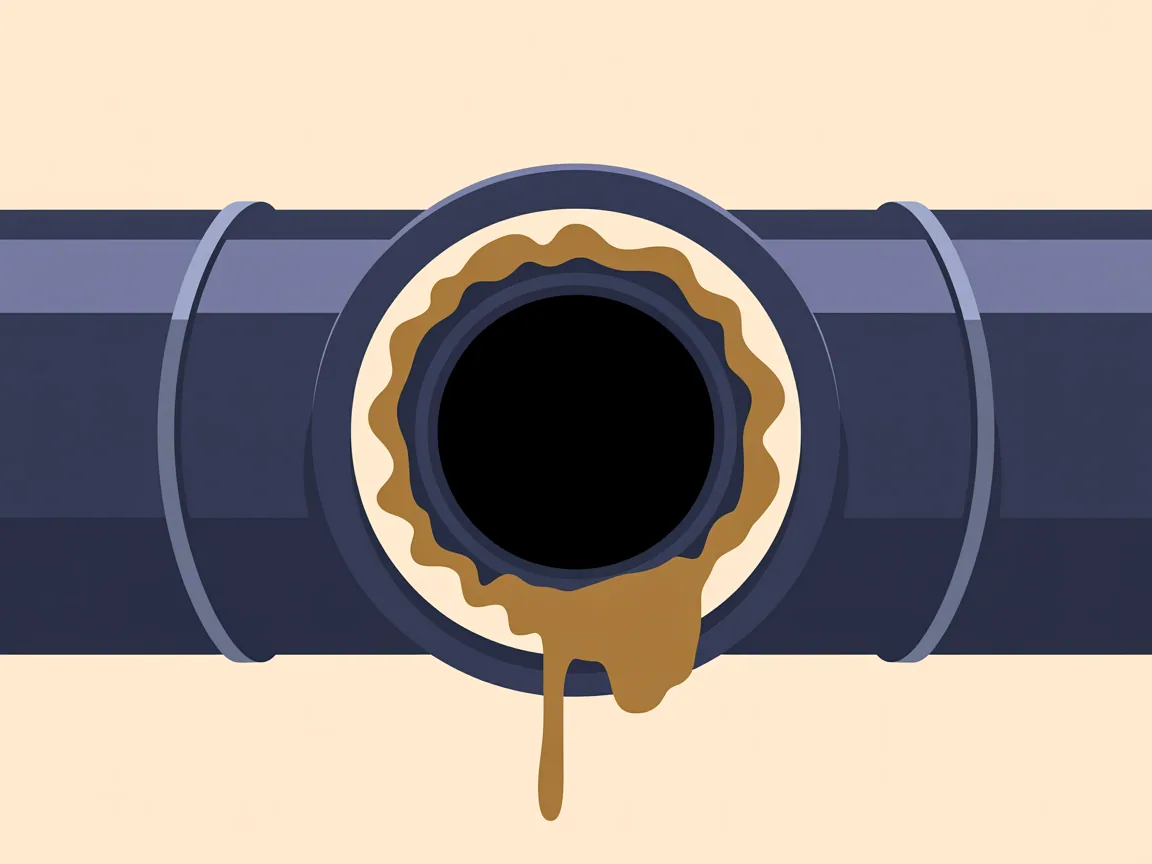 Magnified cutaway of a kitchen drain pipe whose bore has been narrowed by a hard mineral and grease deposit built up in layers against the pipe wall