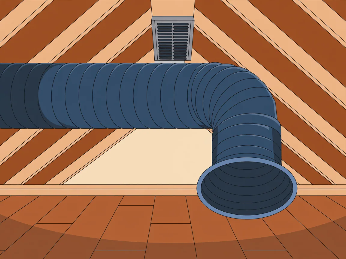 Illustration of flexible ductwork running across the rafters of a hot attic above a ceiling register, with a large return duct dropping down into the room below