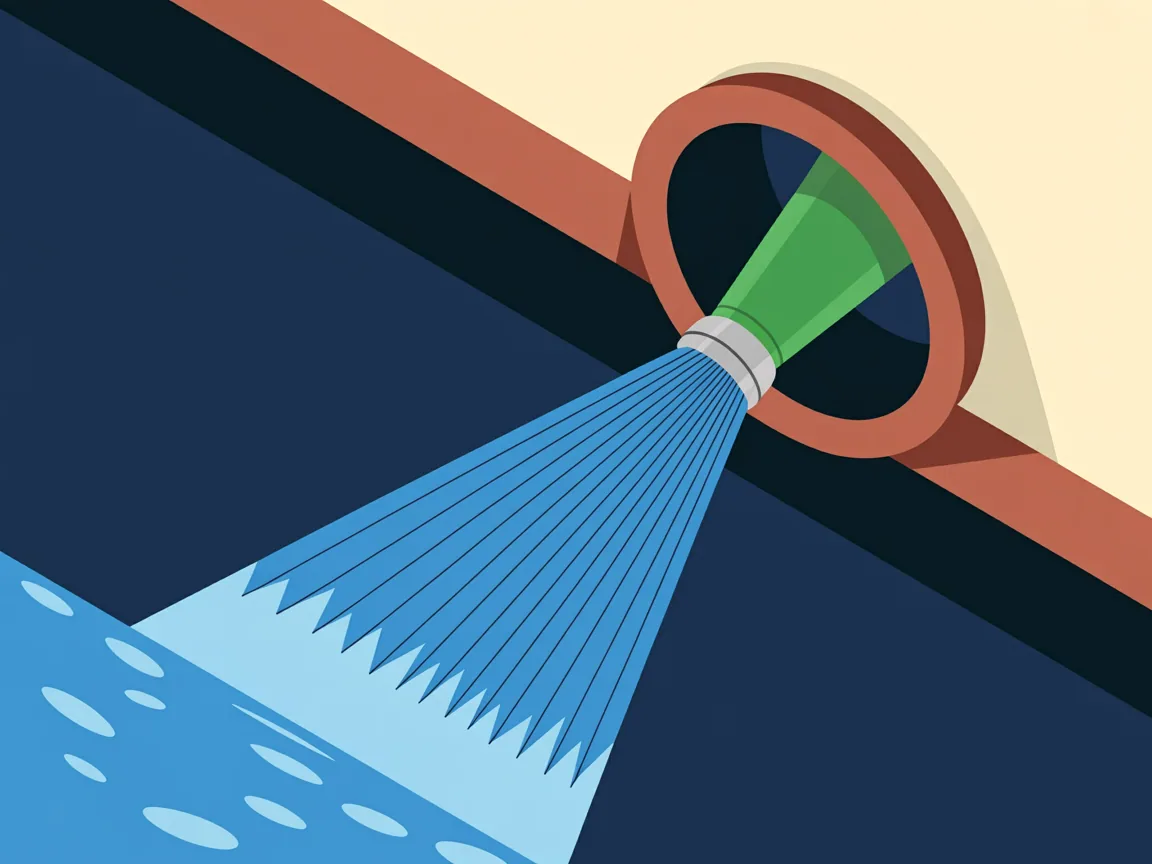 A jetting hose and rear-facing nozzle inside an open drain pipe, with fine water jets fanning backward onto the pipe wall