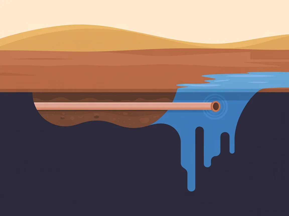 Illustrated cutaway of desert ground under a house slab showing a buried water pipe crossing a hard caliche layer, with water spreading sideways along the layer and surfacing as a wet patch away from the pipe