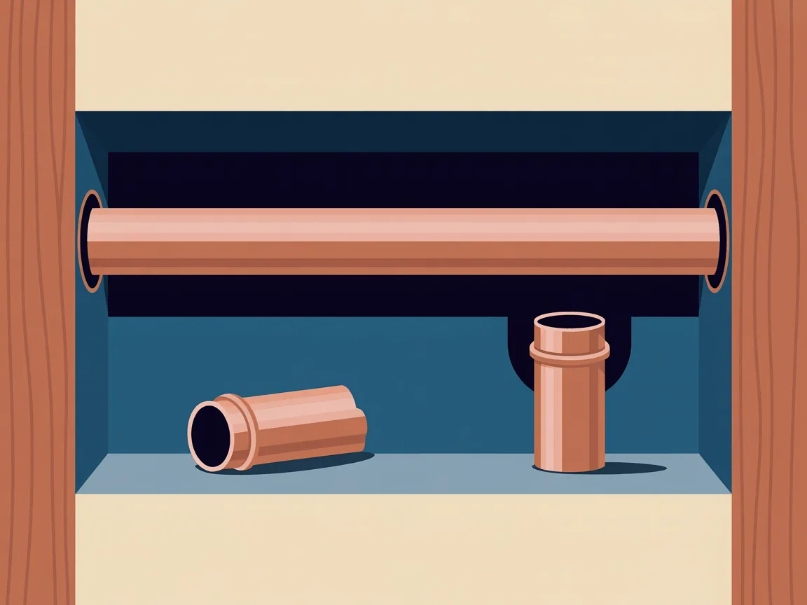 Illustration of an open wall cavity between two wooden studs with a horizontal copper pipe, a short cut-out failed length lying below it and a fresh replacement section held between two couplings