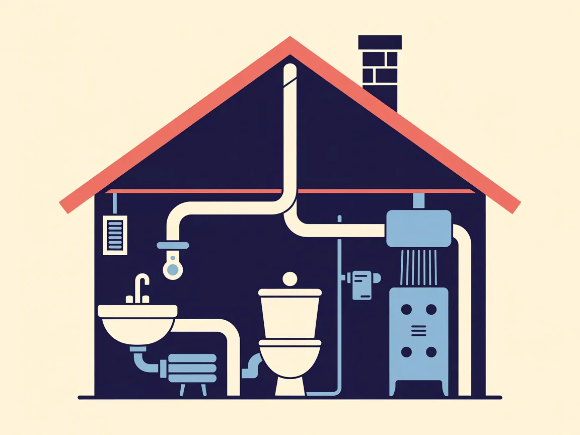 Cutaway of a house showing one water supply pipe entering from the street and branching to a kitchen sink, a toilet, a shower and a water heater, with the drain stack rising through the roof