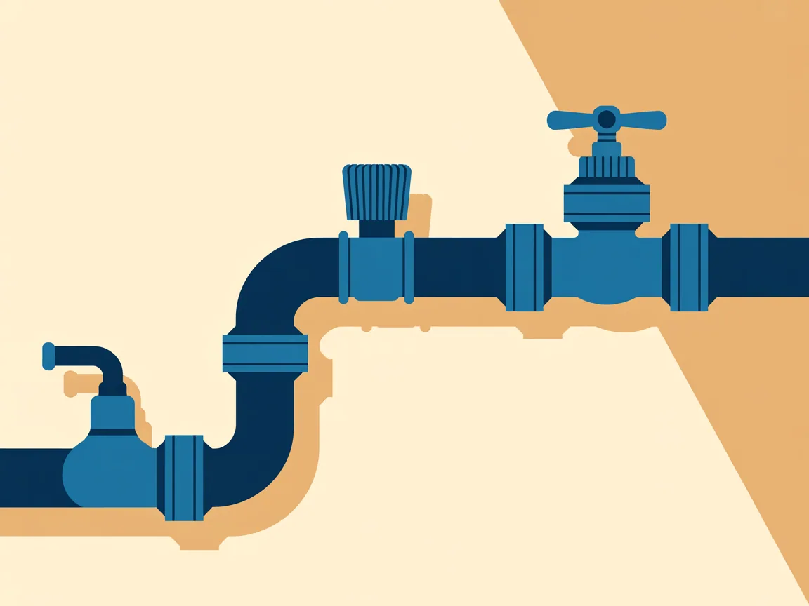 A water supply pipe running along a wall with three shutoff valves on it: a small angle stop at a sink, a larger branch valve, and the main shutoff where the pipe enters the building