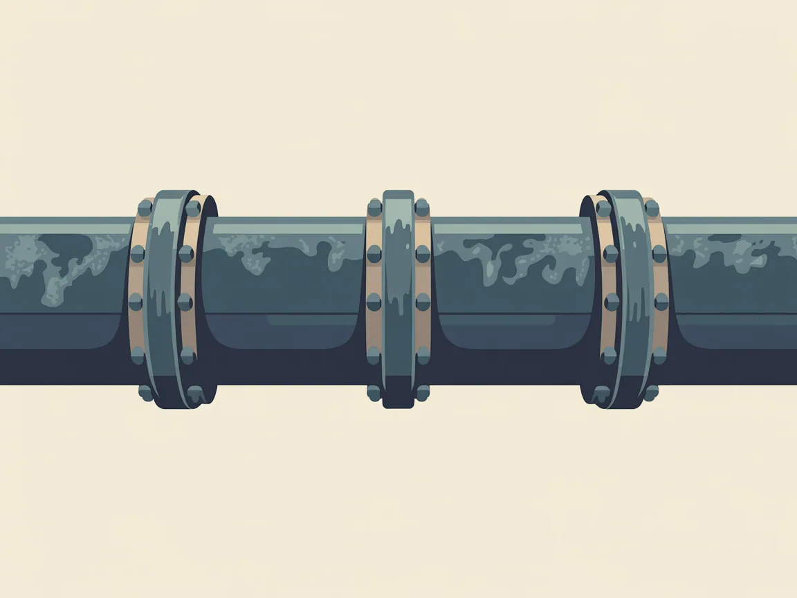 A corroded galvanized steel water pipe with three metal repair clamps spaced along its length and mineral crust at the joints
