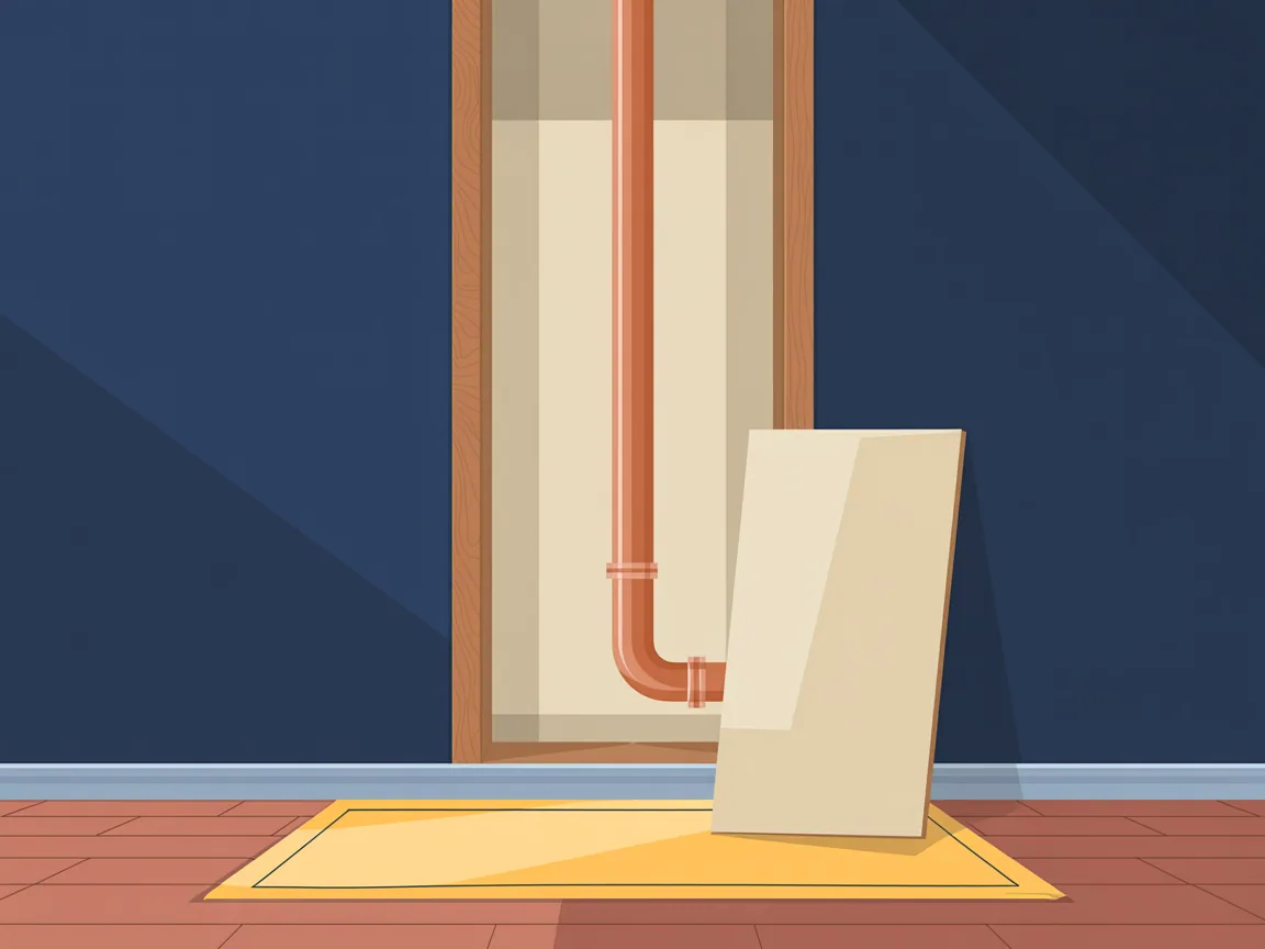 An opened drywall cavity between two wooden studs with a copper water pipe running through it and the cut rectangle of drywall set aside on a drop cloth