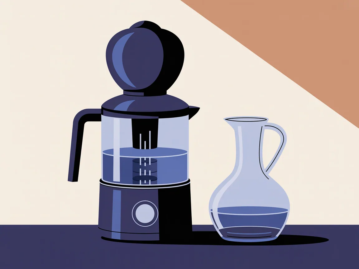 A countertop water distiller with its rounded lid and boiling chamber standing on a kitchen counter beside a glass collection carafe