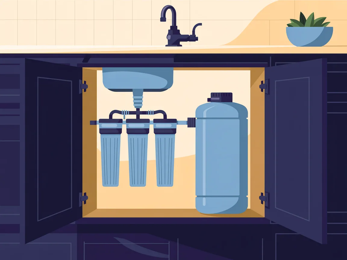 An open kitchen sink cabinet with a reverse osmosis unit mounted inside, three upright filter canisters in a row, a storage tank beside them and a small dedicated faucet on the counter above