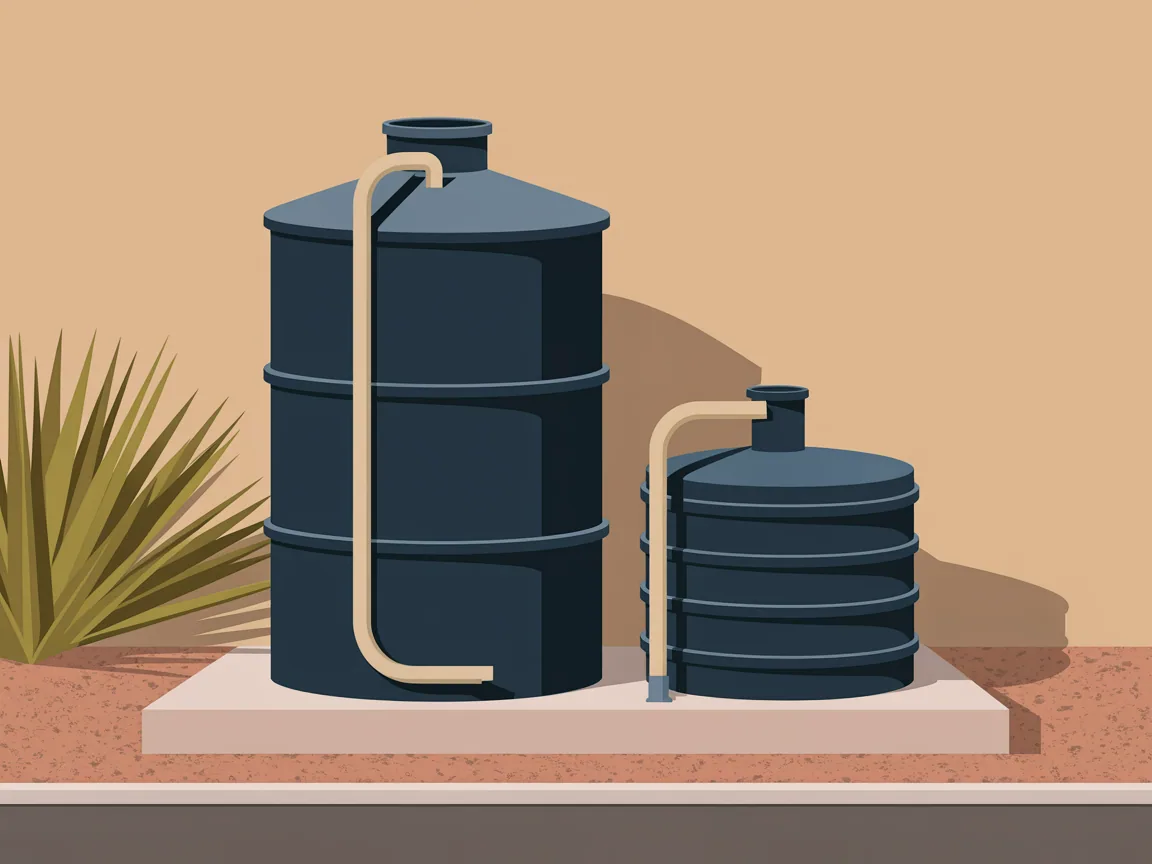 A tall water treatment tank and a squat brine tank standing on a concrete pad against a stucco house wall in bright desert sun, with gravel and a low shrub beside them