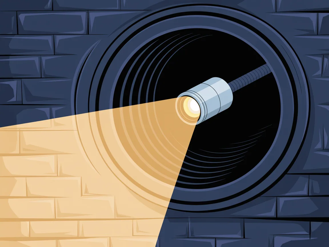 A plumbing camera head on a push cable travelling inside a cast iron sewer pipe, its light falling on the rough scaled wall ahead
