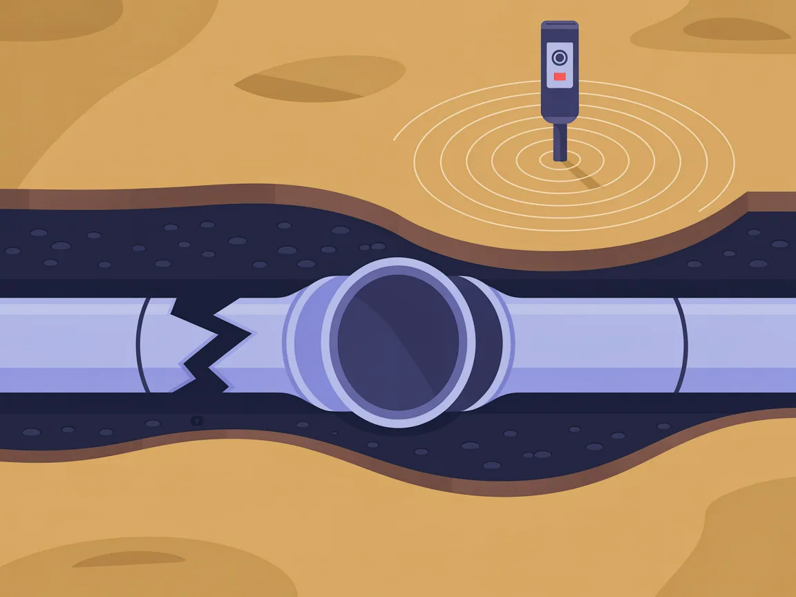 Cross section of a yard showing a buried sewer pipe with a camera head stopped at a cracked joint, a locator wand on the ground above picking up the signal, and a marked spot on the soil directly over the fault