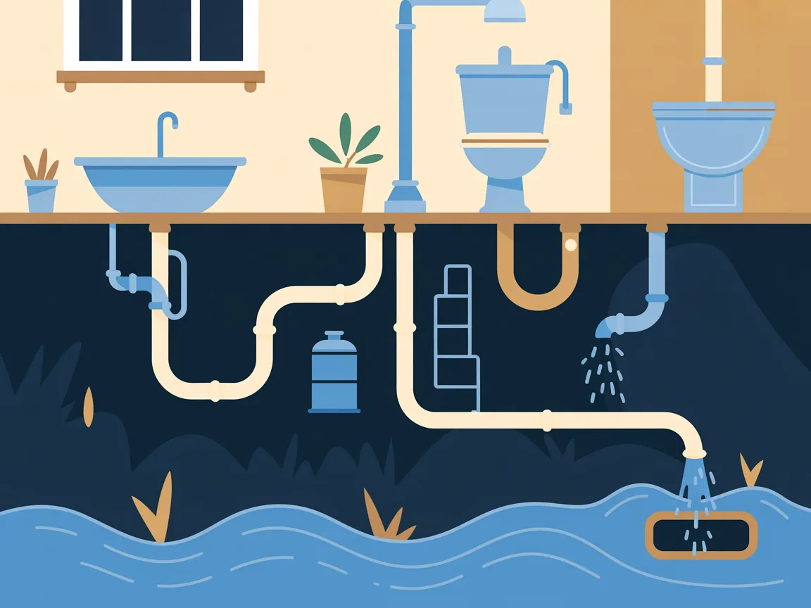 Cutaway of a house where a kitchen sink, a shower and a toilet all drain into one shared buried pipe running out to the street, with a restriction partway along and water rising back out of a laundry floor drain