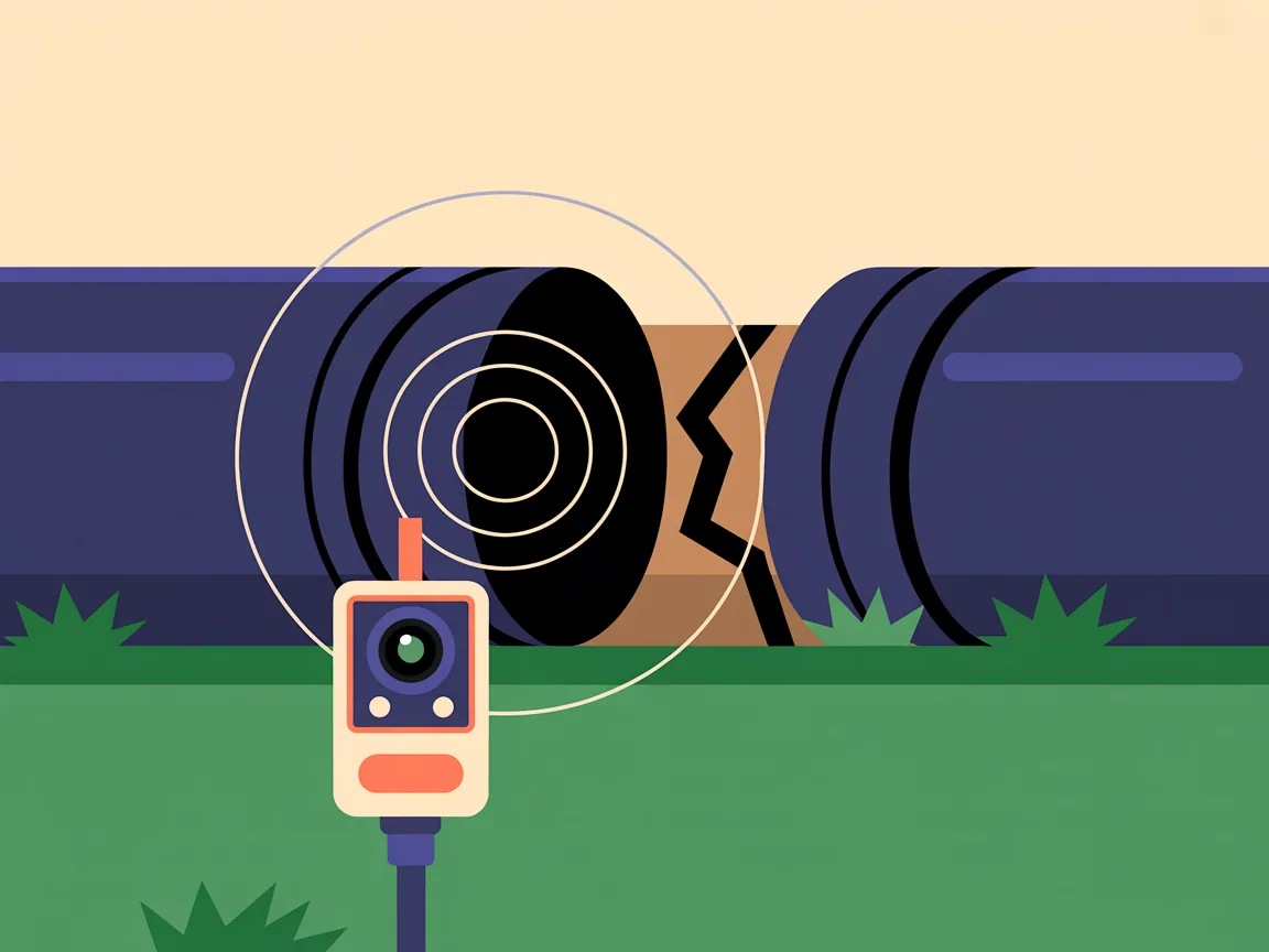 A handheld pipe locator standing on a lawn picking up signal rings rising from a transmitter inside a camera head stopped at a cracked joint in the buried line below