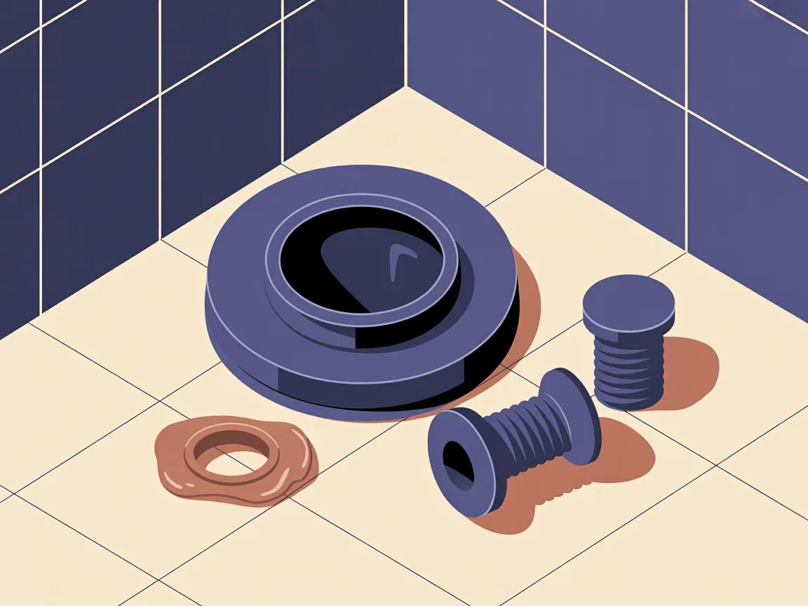 Illustration of a toilet closet flange bolted into a tiled bathroom floor, with a wax seal ring and two closet bolts beside it