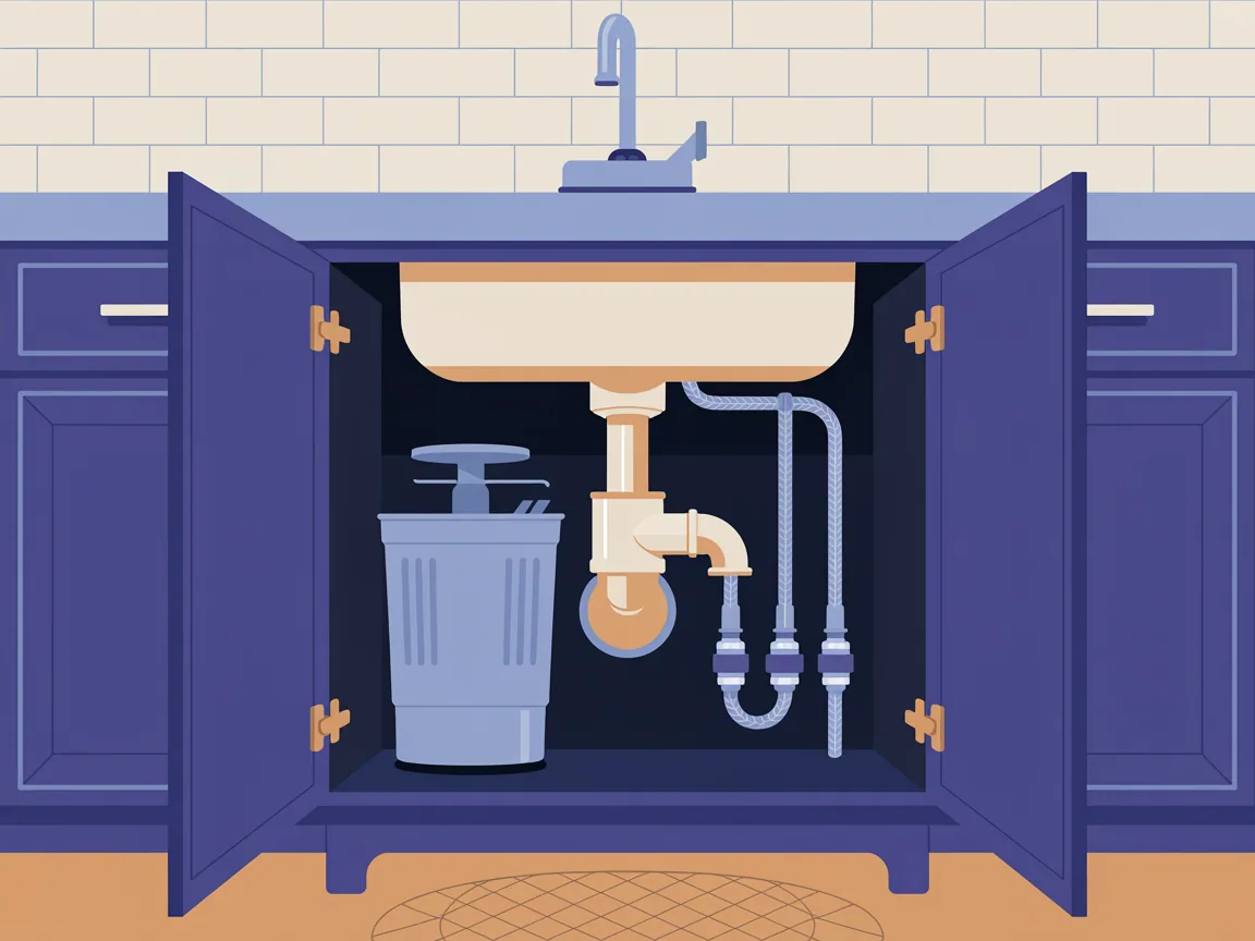 Illustration of the inside of an open kitchen sink cabinet showing a garbage disposal, a P-trap and two angle stop valves on braided supply lines
