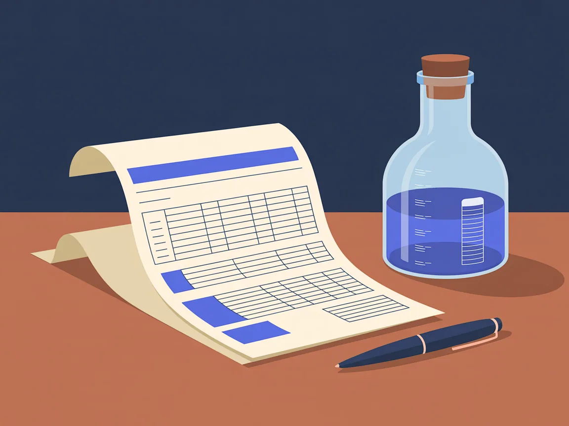 Illustration of a printed laboratory water analysis report lying on a desk beside a sealed sample bottle and a pen