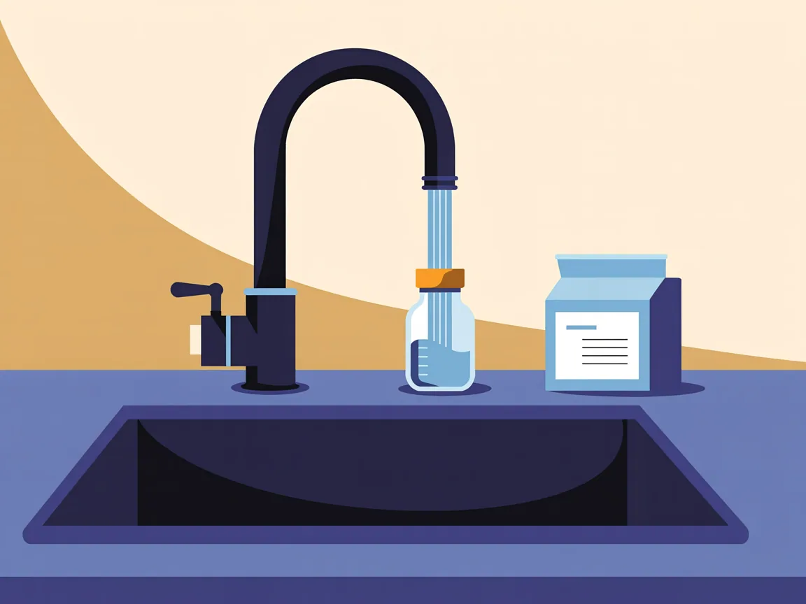 Illustration of a kitchen faucet running water into a small capped laboratory sample bottle on the counter, with a sealed sample kit box beside it