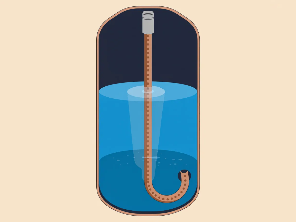 Cutaway of a household water heater tank with a long sacrificial anode rod hanging from the top fitting down through the water inside