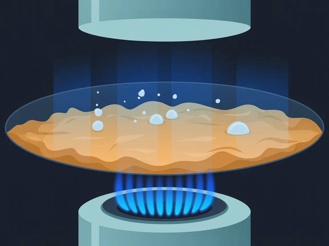 Cutaway of the bottom of a gas water heater showing a layer of mineral grit on the tank floor above the burner, with steam bubbles pushing up through it