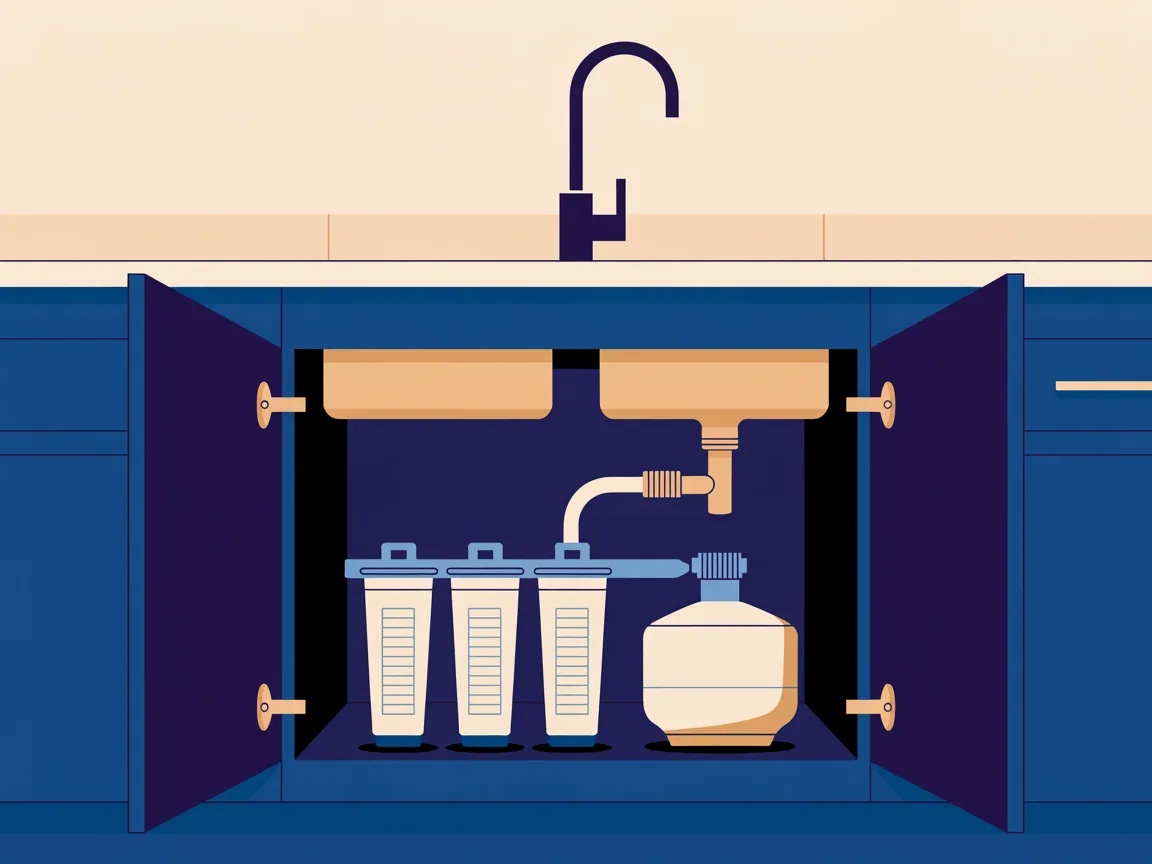 An under-sink reverse osmosis unit with three filter cartridges in a row, a membrane housing, a small storage tank beside it and a dedicated drinking tap on the counter above
