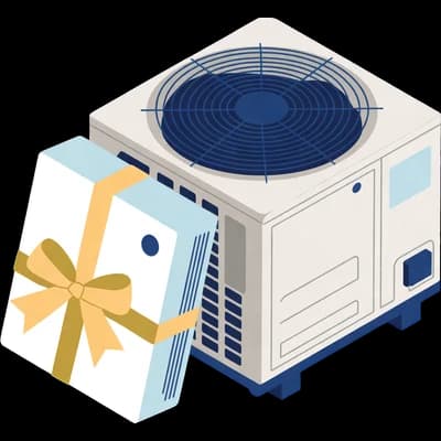 Illustration: a new A/C condenser with a gift-wrapped air scrubber beside it