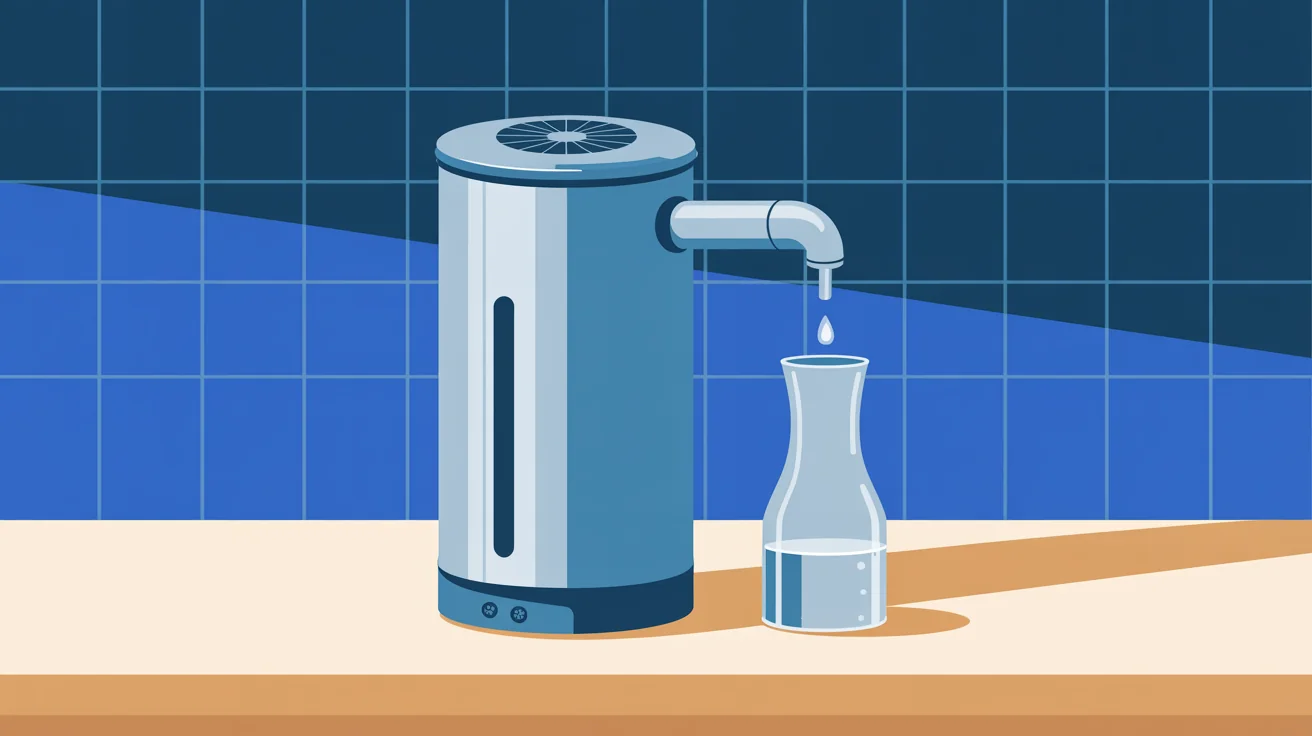 Illustration of a countertop water distiller with a fan lid dripping clear water into a glass carafe on a kitchen counter