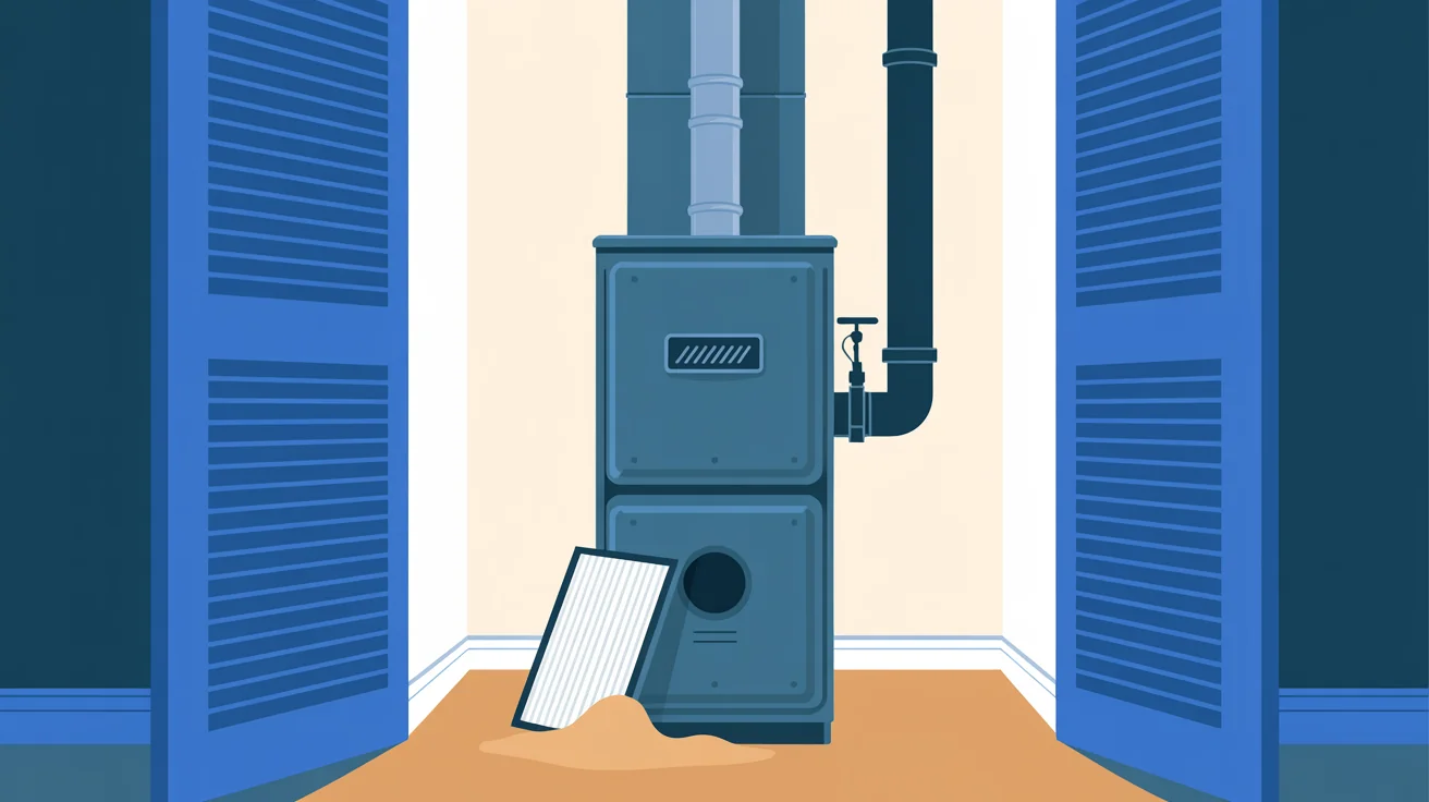 Illustration of a gas furnace in a closet with open louvered doors, a flue, a valved gas pipe and a filter by a dust pile
