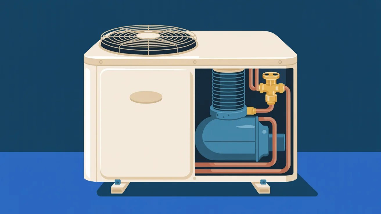 Illustration of a cream outdoor heat pump, top fan grille, cutaway showing a blue compressor, brass valve and copper pipes