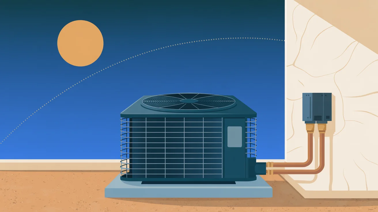 Illustration of an AC condenser on a concrete pad, copper lines running to a stucco wall, a sun and dotted arc in a blue sky