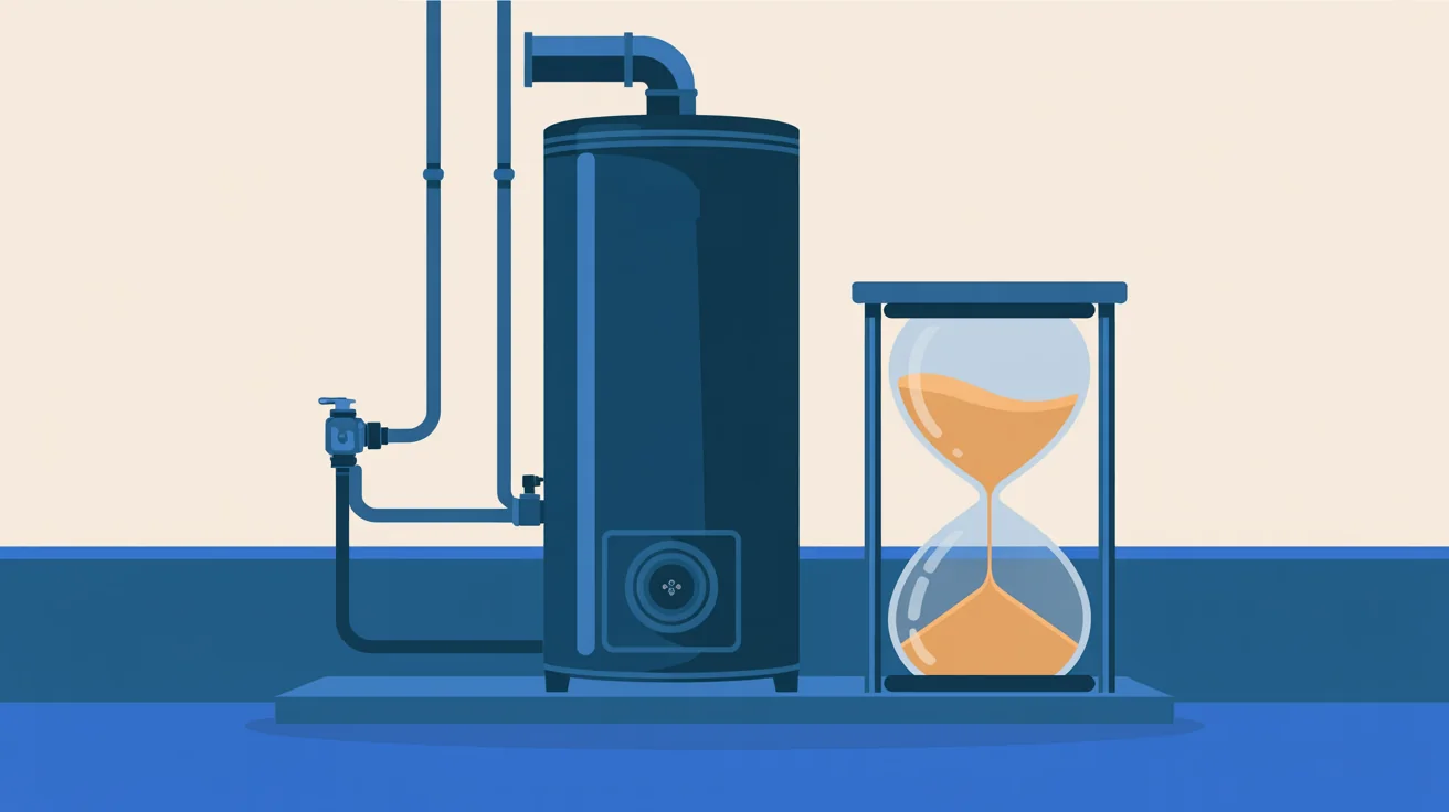 Illustration of a tank water heater beside an hourglass, marking the time a replacement takes