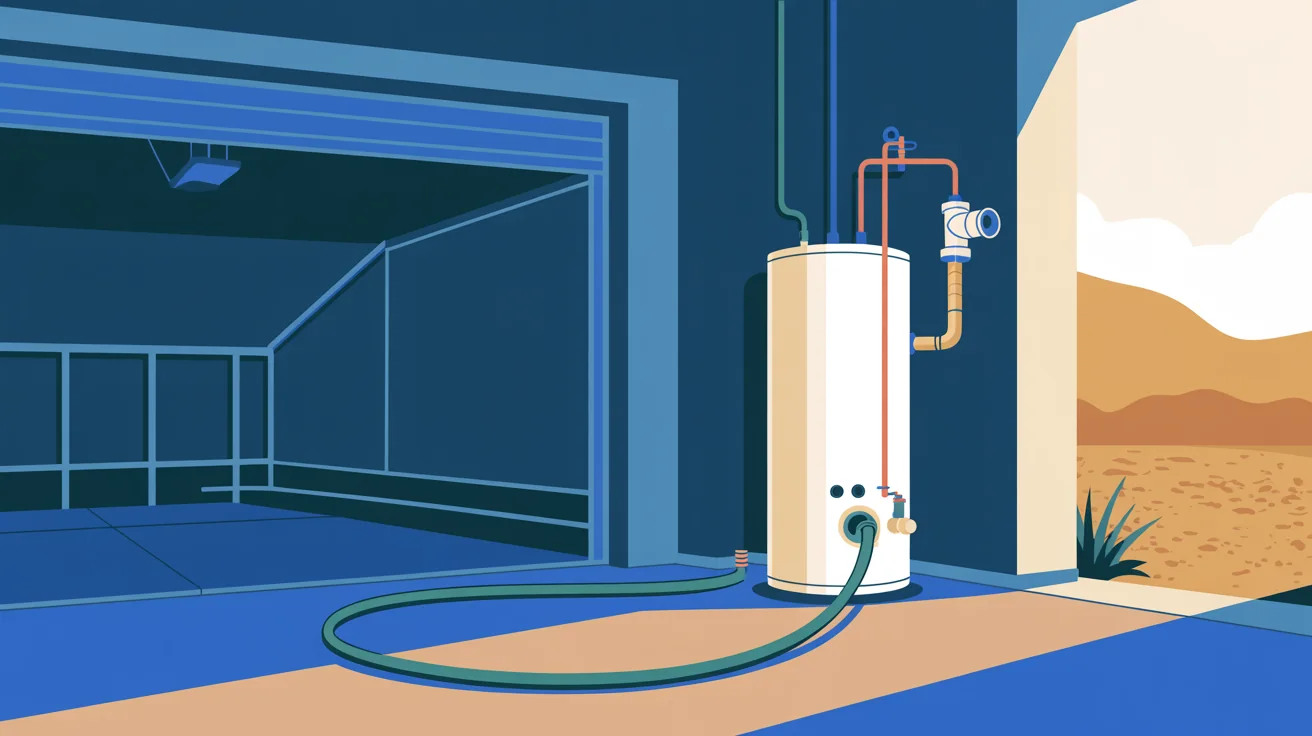 Illustration of a tank water heater in an open garage with a garden hose running from its drain valve across the floor