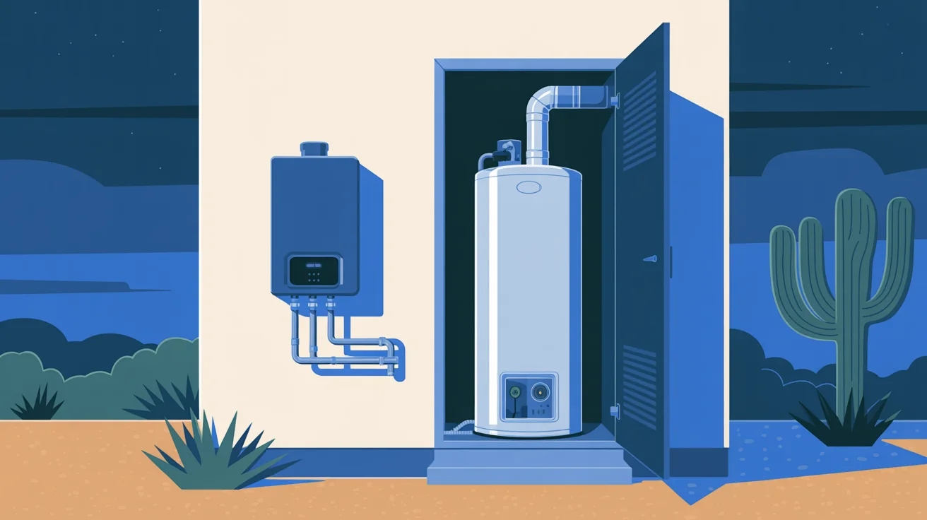 Illustration of a wall-mounted tankless water heater beside a tank water heater in an outdoor closet, with a saguaro nearby