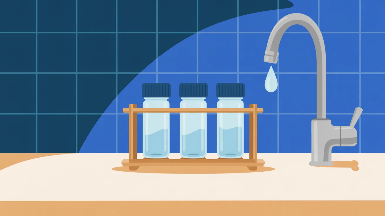 Illustration of three water sample bottles in a wooden rack beside a kitchen faucet, ready for testing
