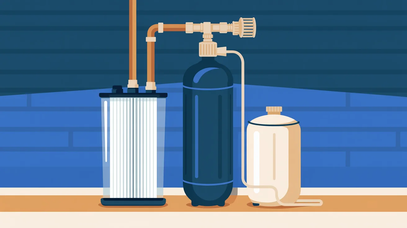 Illustration of a clear pleated filter housing piped into a tall navy water softener tank beside a squat cream brine tank