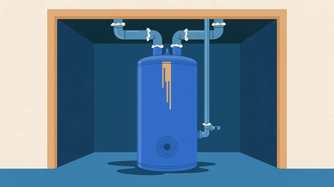 Illustration of a water heater in a closet with mineral crust on its pipes, rust drips on the tank and a puddle below