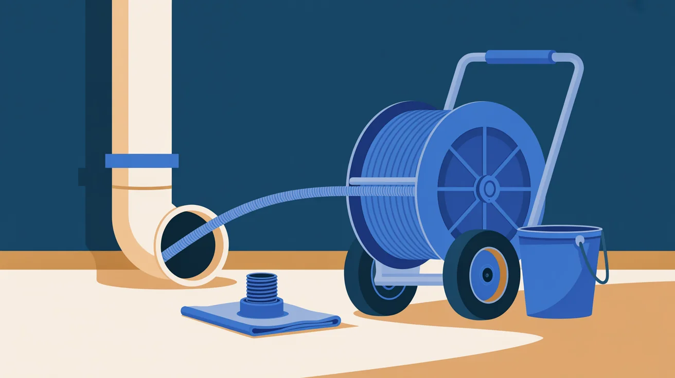 Illustration of a wheeled drain cleaning reel feeding its cable into an open drain pipe beside a removed plug and a bucket.