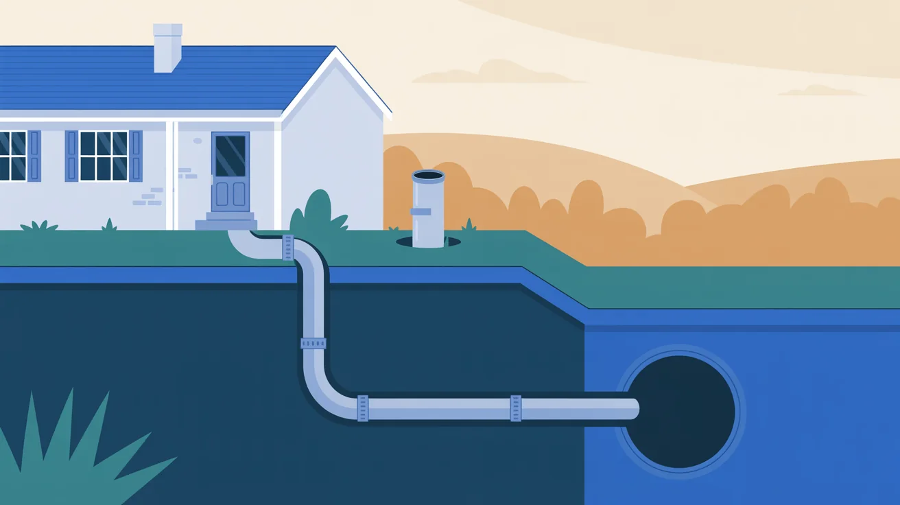 Illustration of a cutaway yard showing a home's sewer line running under the lawn to the city sewer main below the street