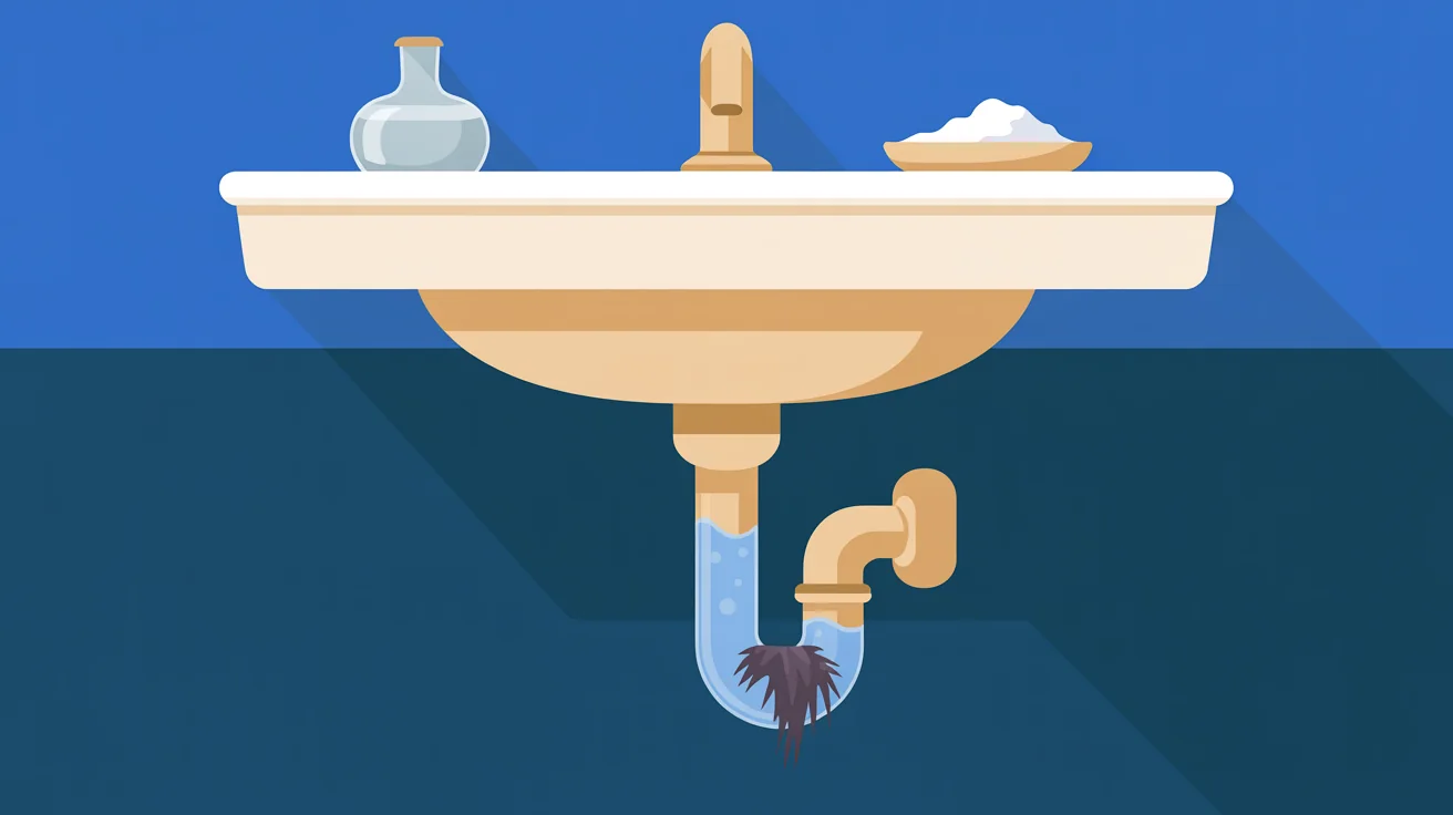 Illustration of a glass carafe and dish of white powder on a sink above a water-filled P-trap clogged with hair