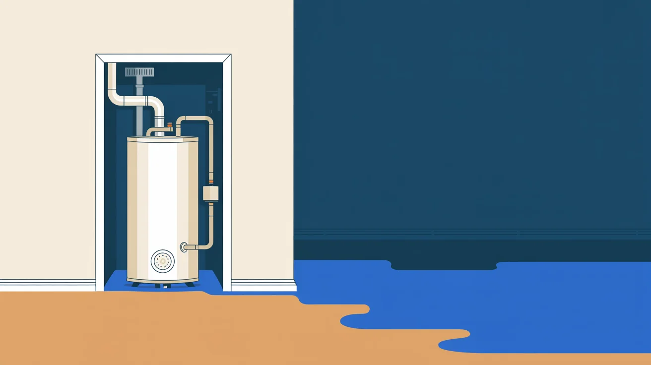 Illustration of a tank water heater in a closet with water spreading across the floor beneath it