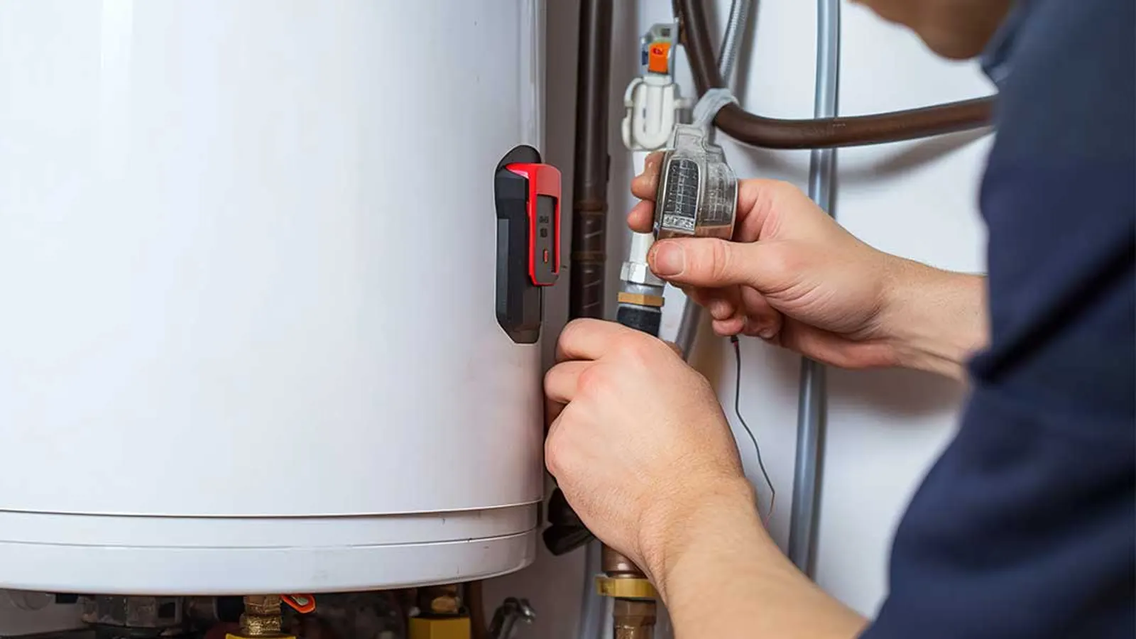 A technician's hands working on the fittings and lines beside the red control panel of a white tank water heater