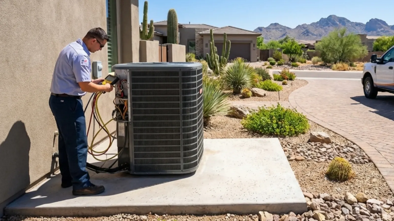 A technician reading refrigerant gauges at an outdoor AC condenser beside a stucco home with saguaro cacti and mountains