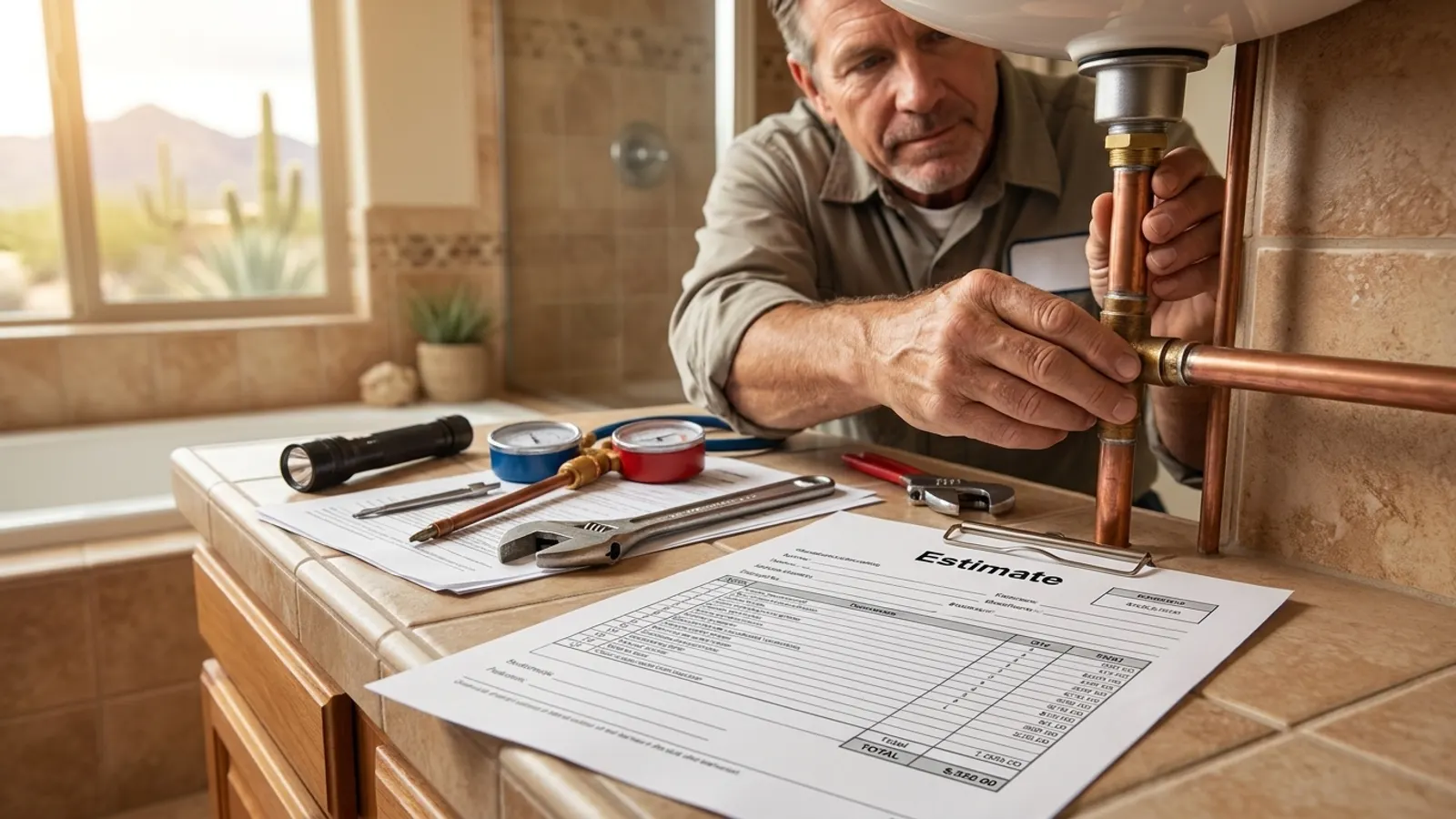 A plumber fitting copper pipe under a bathroom sink beside a printed estimate, gauges and a wrench on a tiled counter