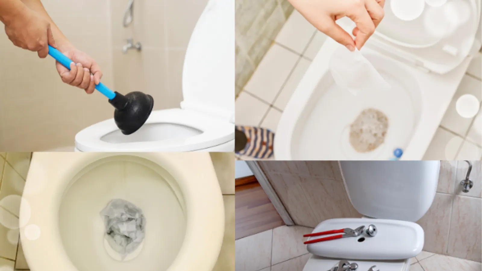 Four-photo collage of toilet trouble: plunging the bowl, dropping in tissue, a paper clog, and pliers on the tank lid