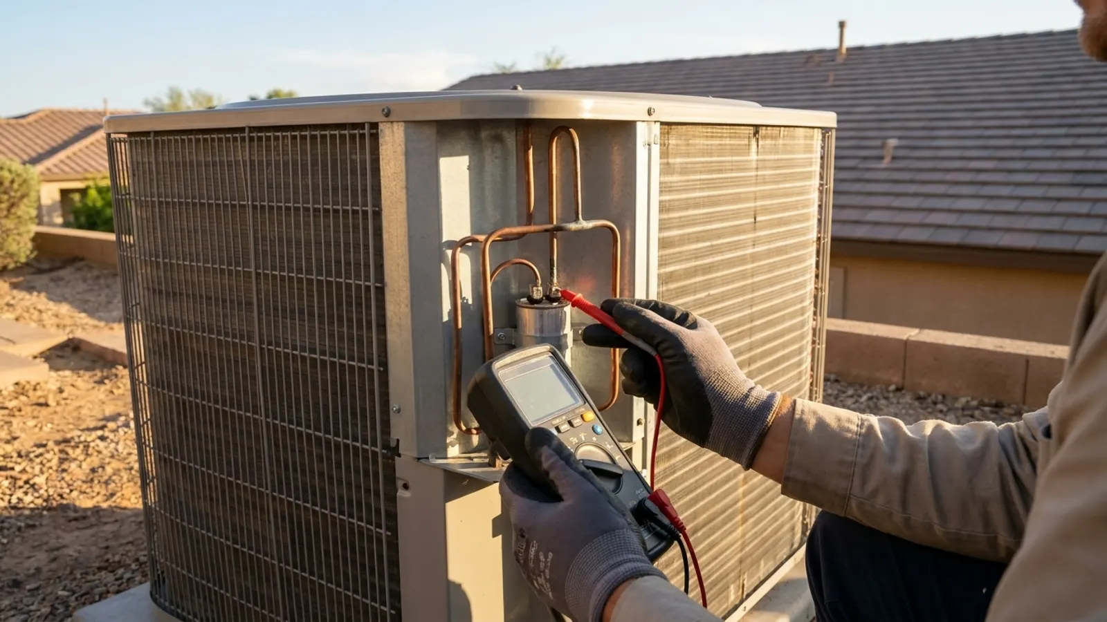 A gloved technician testing an outdoor AC condenser's capacitor with a digital multimeter beside a tile-roofed home