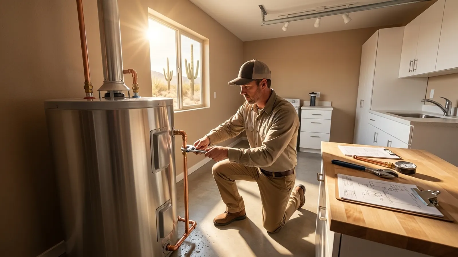 A technician in a cap kneeling to connect copper pipe to a tank water heater, with saguaro cacti outside the window