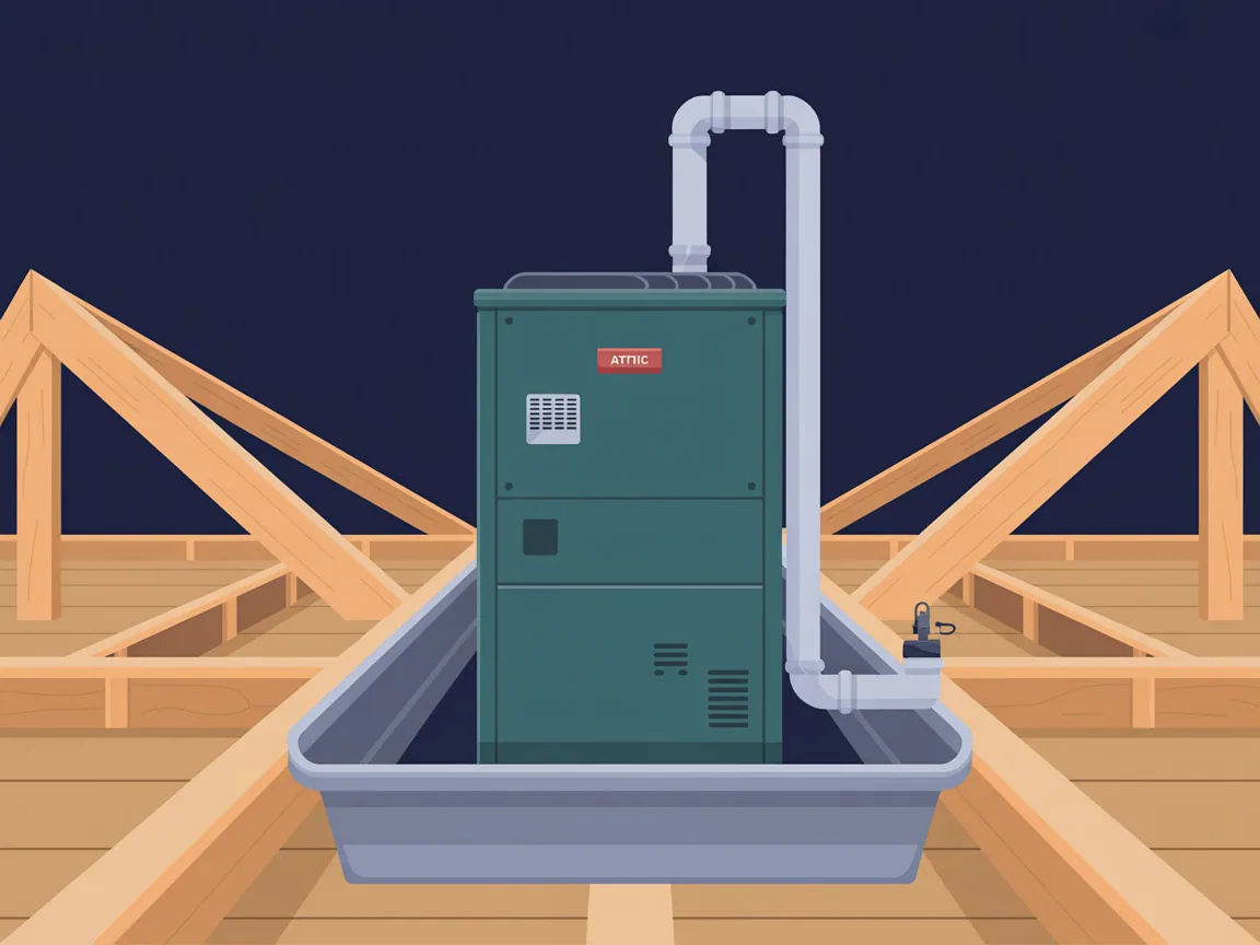 Illustration of an attic air handler cabinet standing in a metal drain pan between roof trusses, with a white PVC condensate line running out of the pan and a small float switch clipped into the line