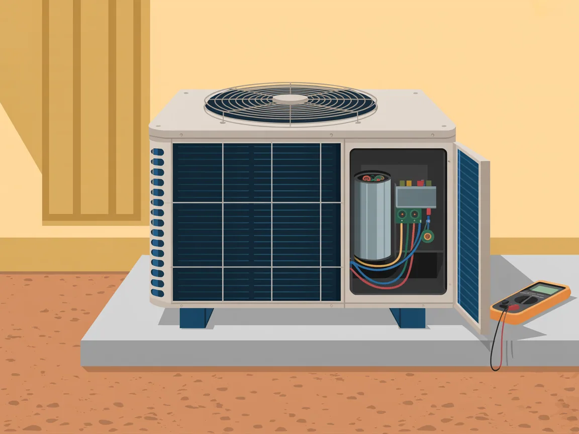 Illustration of an outdoor air conditioning condenser on a concrete pad in a gravel desert yard with its side access panel open, showing the capacitor and contactor inside, and a multimeter resting on the pad
