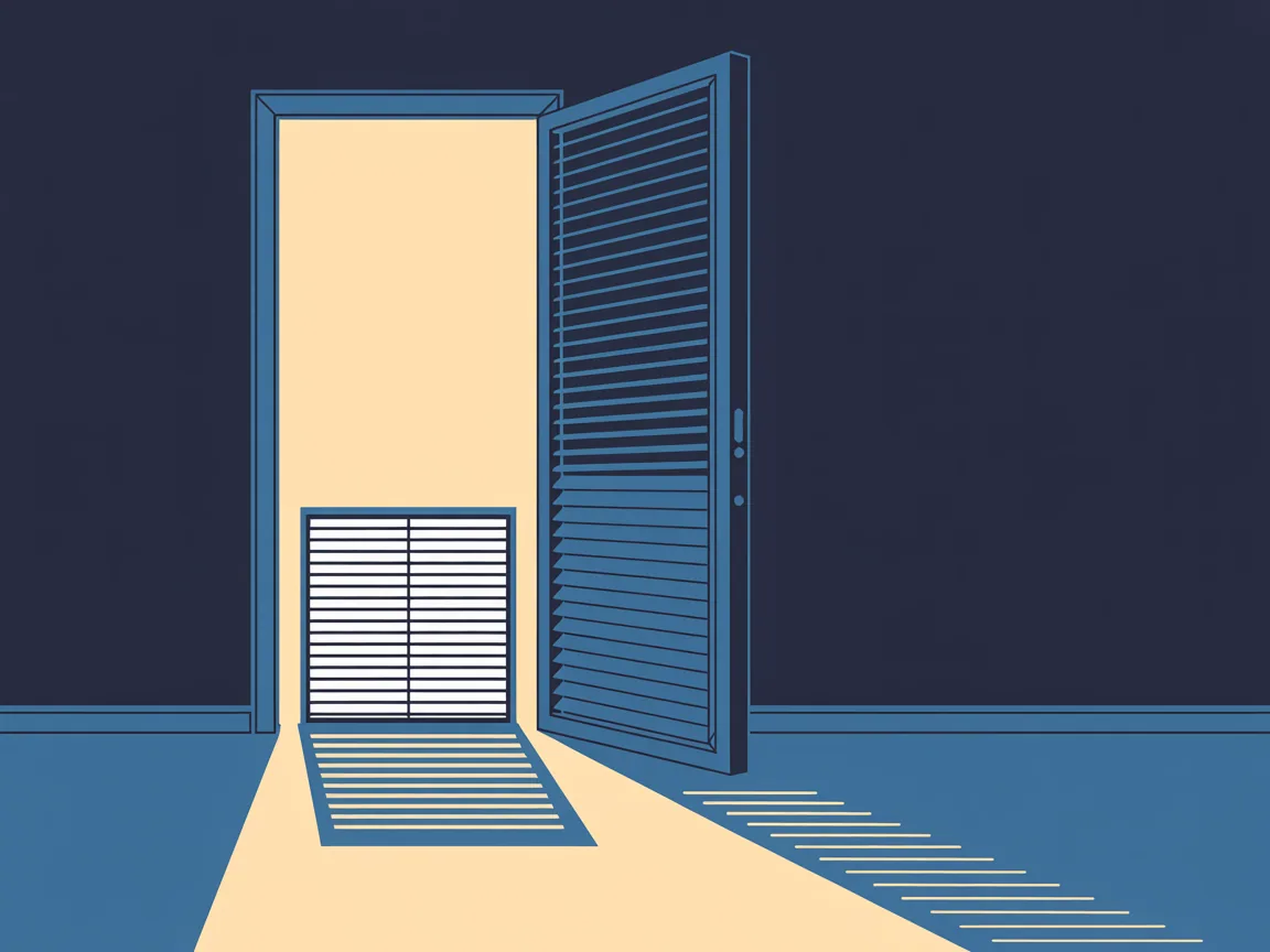 Illustration of a pleated air filter sitting in an open hallway return air grille, its hinged louvred door swung down against the wall