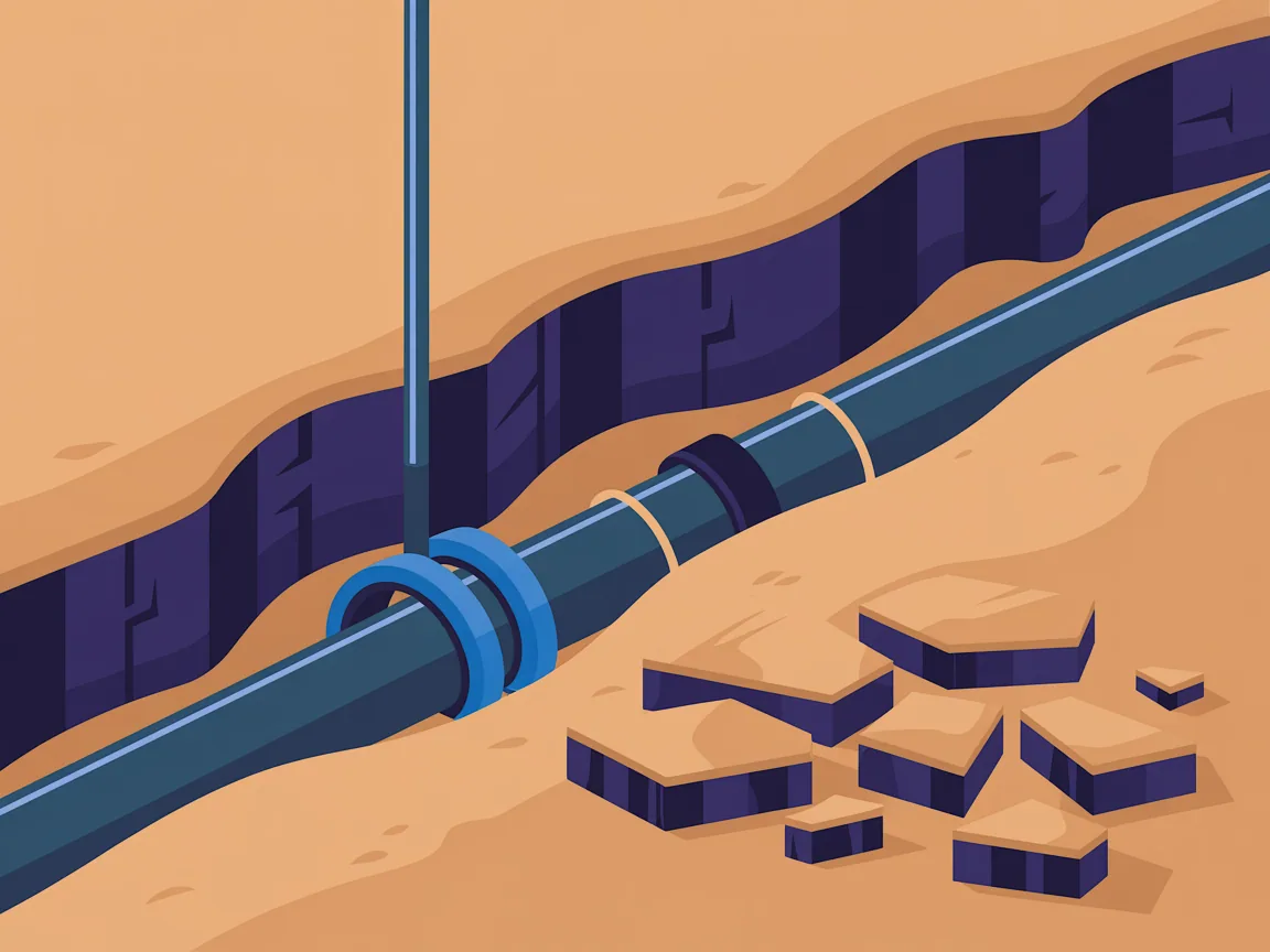 Illustration of an open backyard trench with a buried gas pipe bedded in fine sand, a tracer wire above it, and broken caliche hardpan piled beside the trench